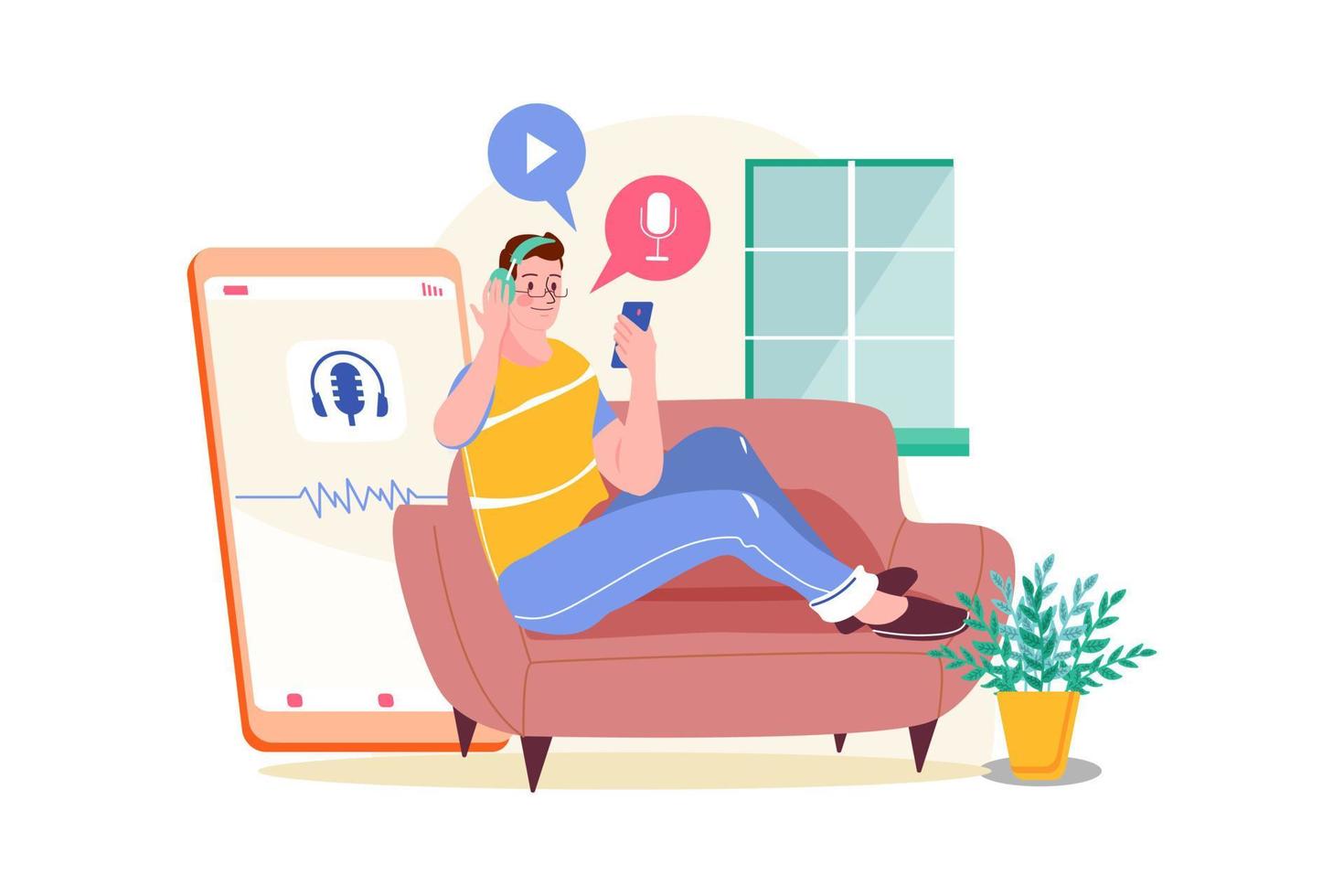 Man listening to the podcast while sitting on a couch vector