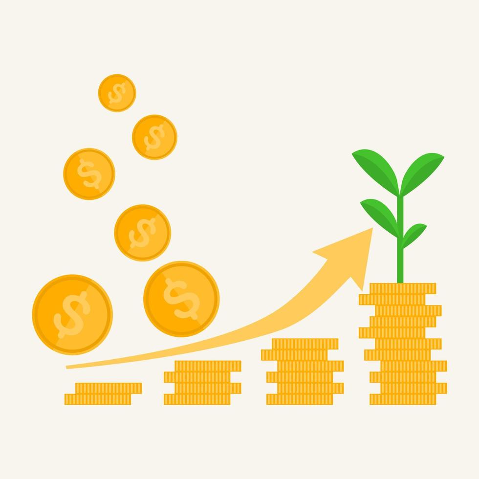 Cryptocurrency bitcoin growth concept.revenue illustration. Stacks of gold coins and graph with bitcoin. Vector isolated on colored background