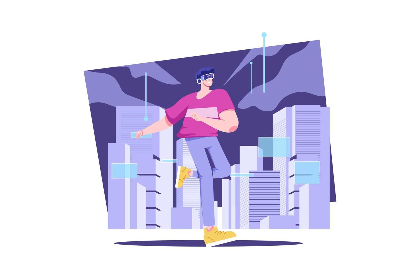 Man experiencing metaverse city Illustration concept. Flat illustration isolated on white background vector