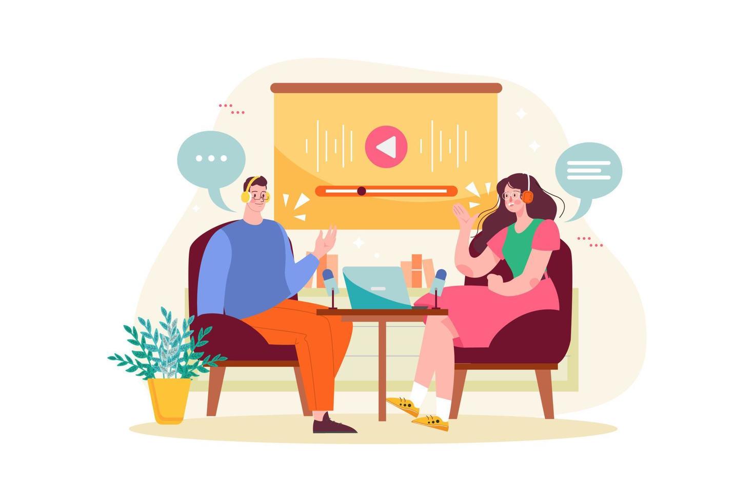Man and woman recording a podcast conversation vector