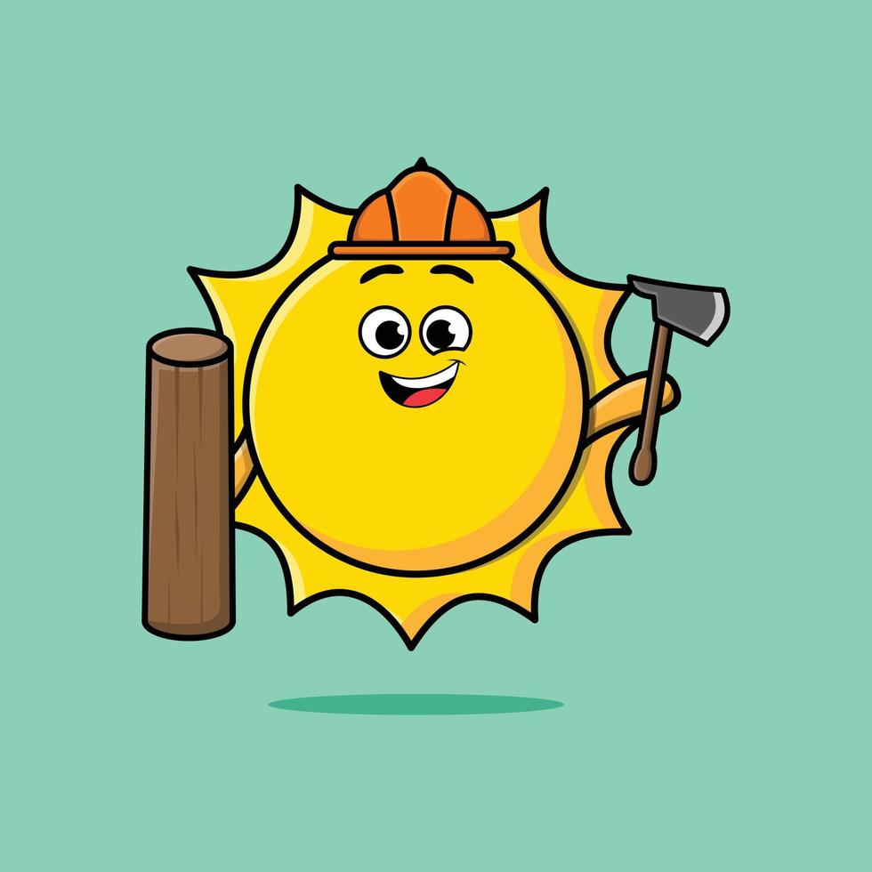 Cute cartoon sun as carpenter with ax and wood vector