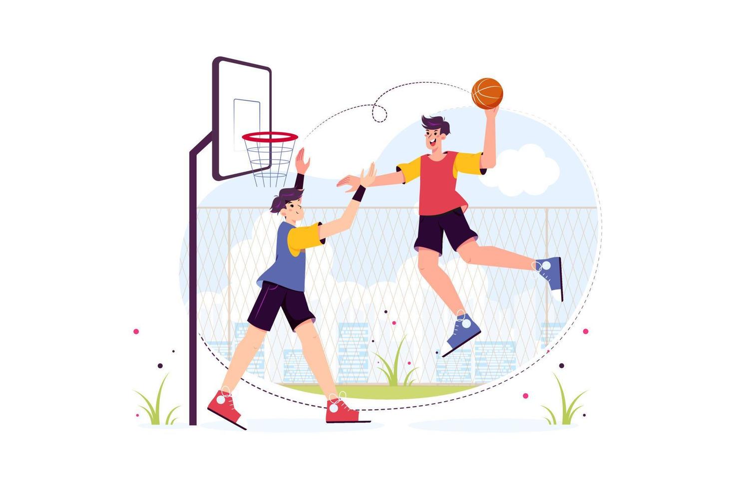 Students playing basketball on the ground vector