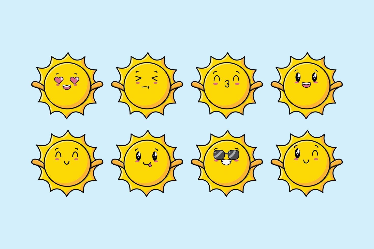 Establecer dibujos animados de sol kawaii con diferentes expresiones vector