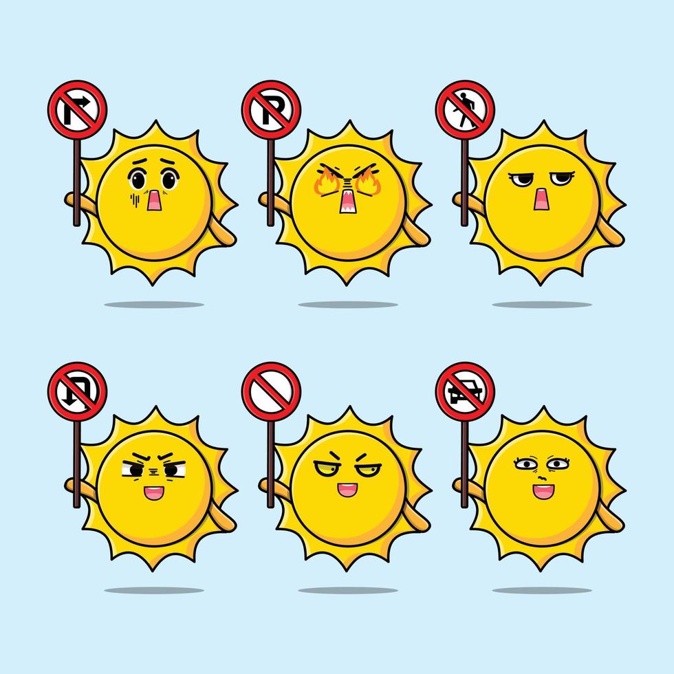 Cute sun cartoon character holding traffic sign vector