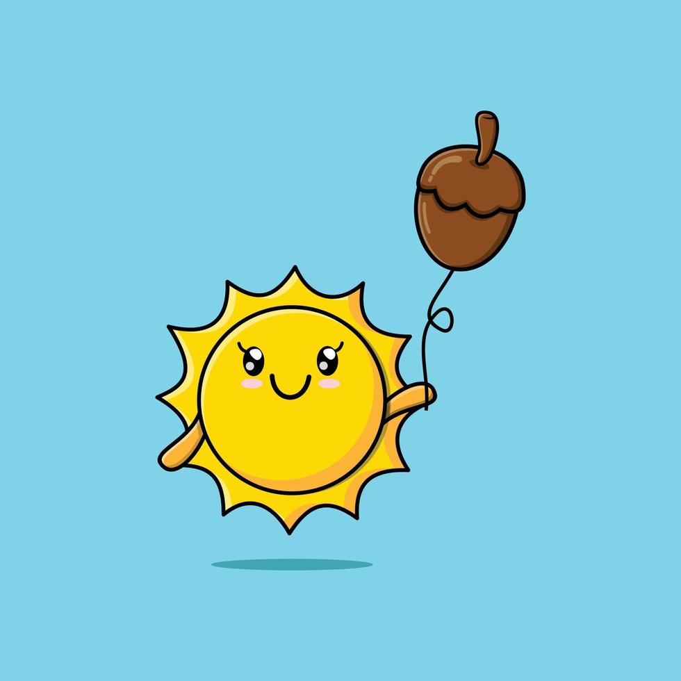 sol de dibujos animados lindo flotando con globo de bellota vector