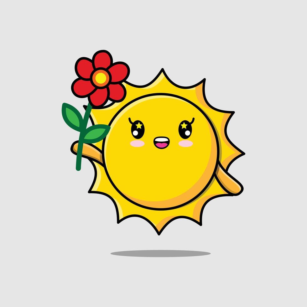 Cute cartoon sun character holding red flower vector