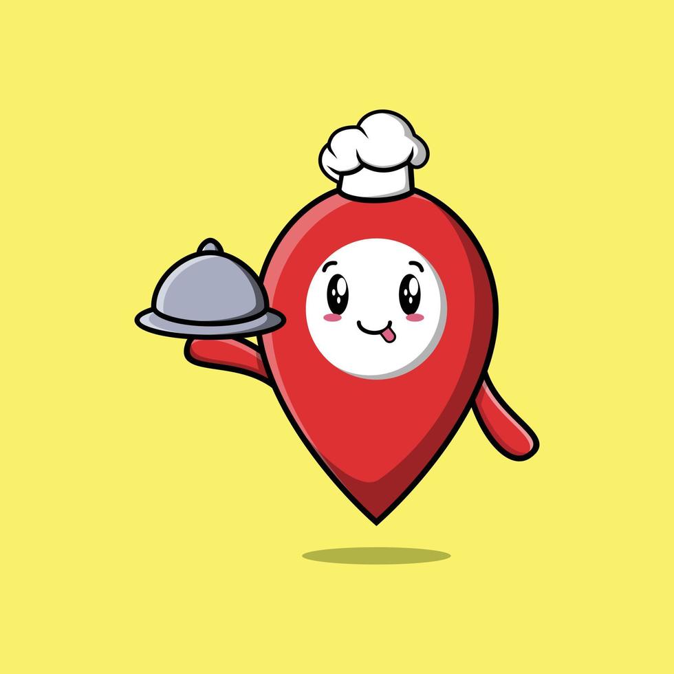 Cute Cartoon chef pin location serving food tray vector