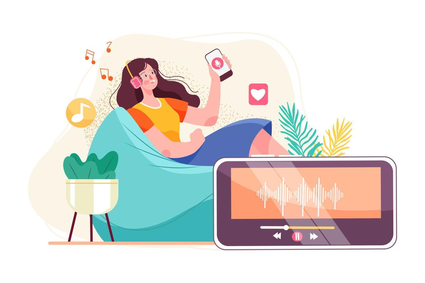 Woman listening to a podcast while sitting on beanbag vector