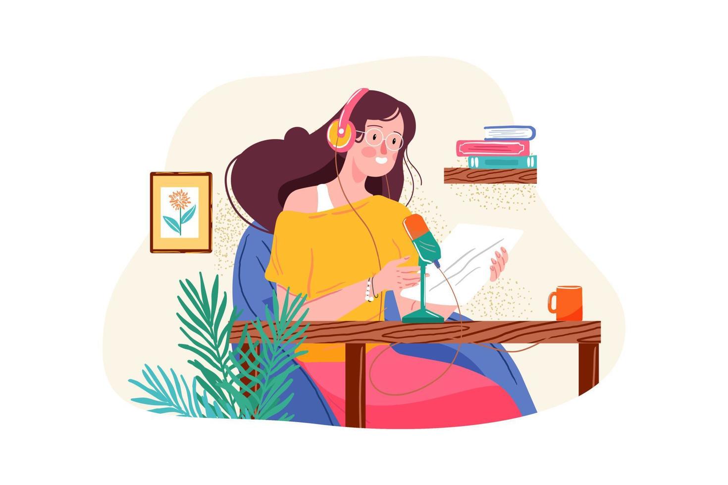 Woman reading podcast script vector