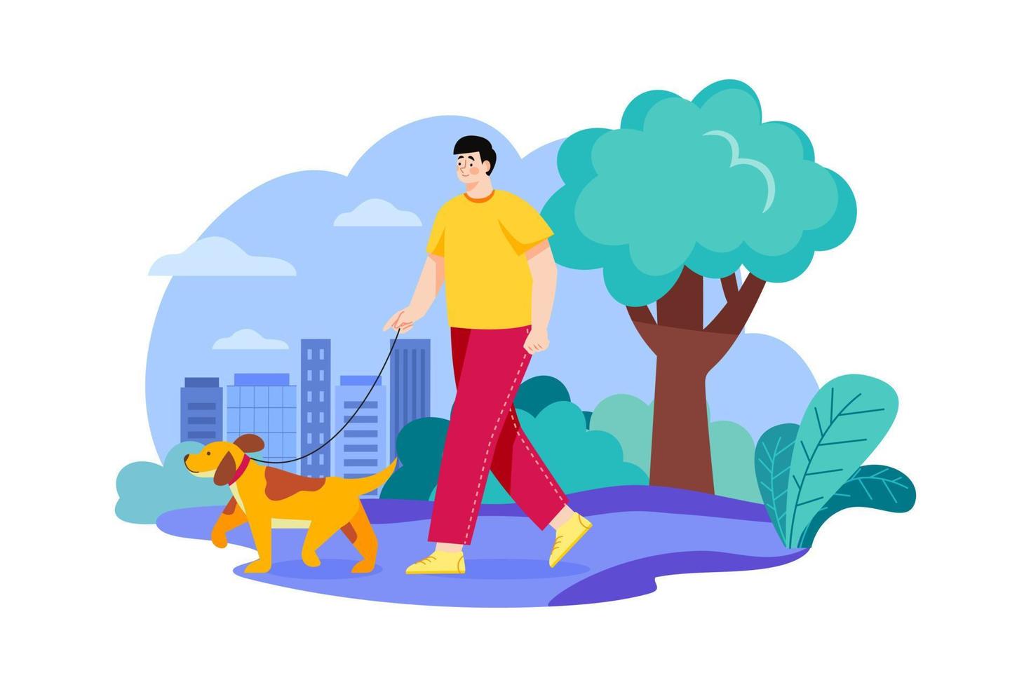 hombre dando un paseo matutino con su perro vector