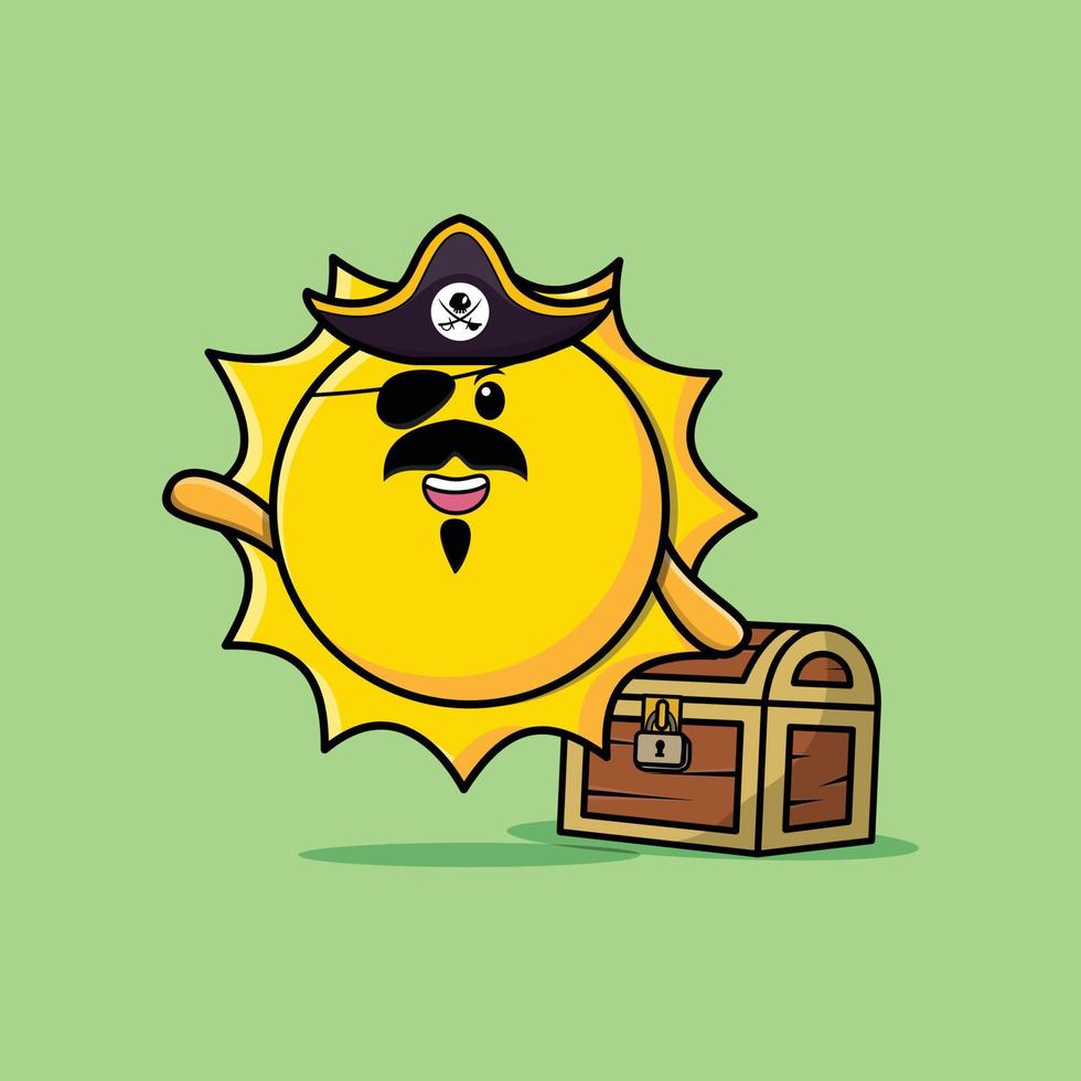 Cute cartoon Sun pirate with treasure box vector