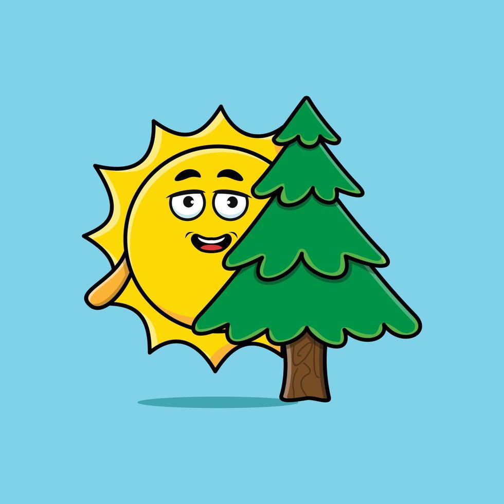 lindo árbol de dibujos animados que oculta el sol en un diseño moderno en 3d vector