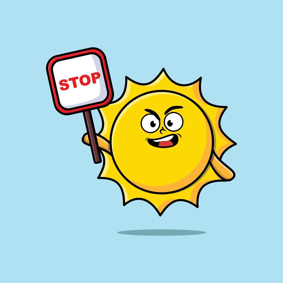 Cute Cartoon illustration sun with stop sign board vector