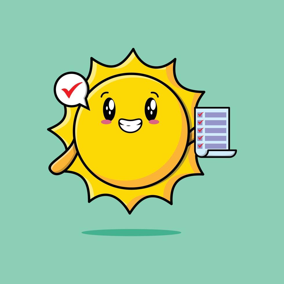 personaje de sol de dibujos animados lindo con nota de lista de verificación vector