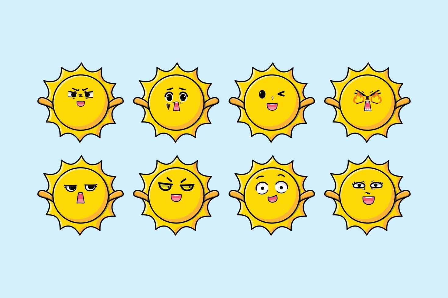 Establecer dibujos animados de sol kawaii con diferentes expresiones vector