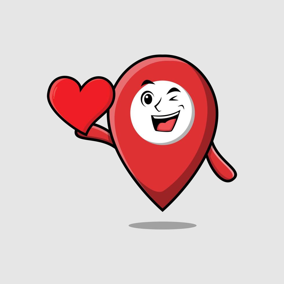 Cute cartoon pin location holding big red heart vector