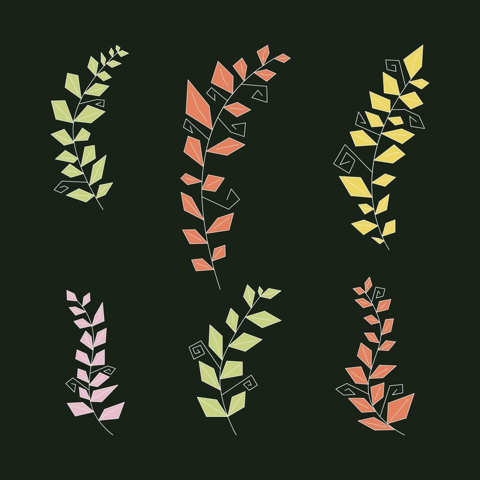 Set of Stylized rhombus leaves, polygonal leaf, linear geometric branch of plant Decorative botanical element Vector illustration isolated on white