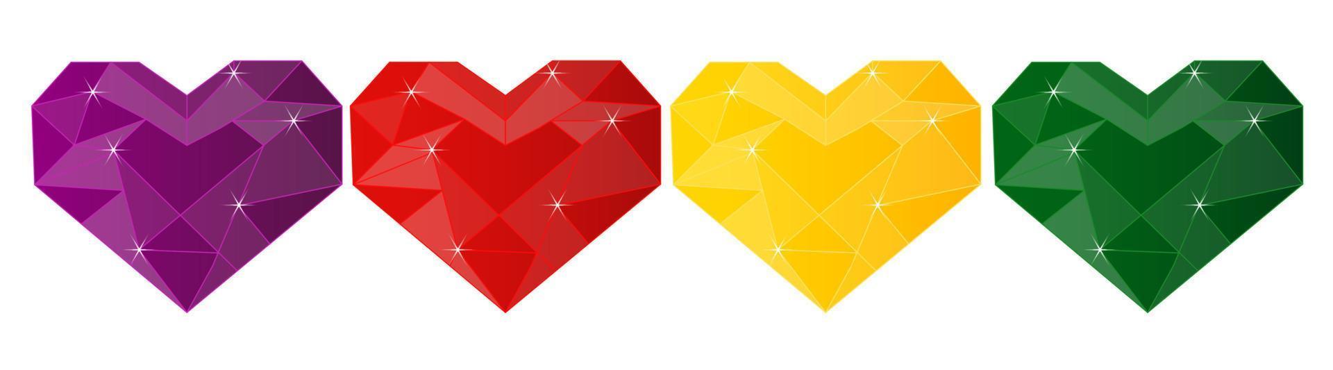 Crystal polygonal heart shape symbol, gem, shiny red ruby heart, purple amethyst, yellow golden sapphire and green emerald heart vector