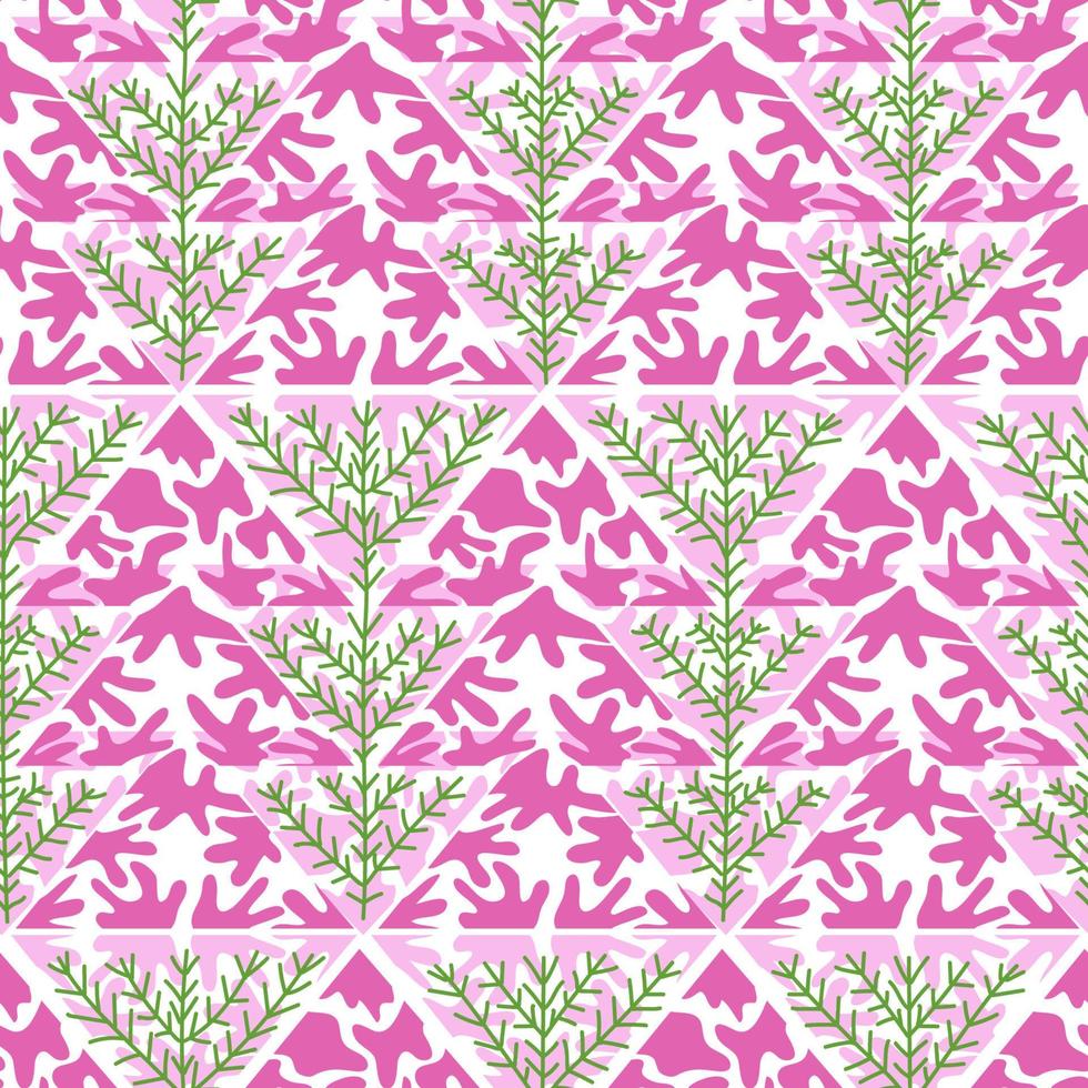 Seamless pattern with xmas tree. Pink triangles and twigs on the abstract tileable pattern. Vector illustration for textile or surface print