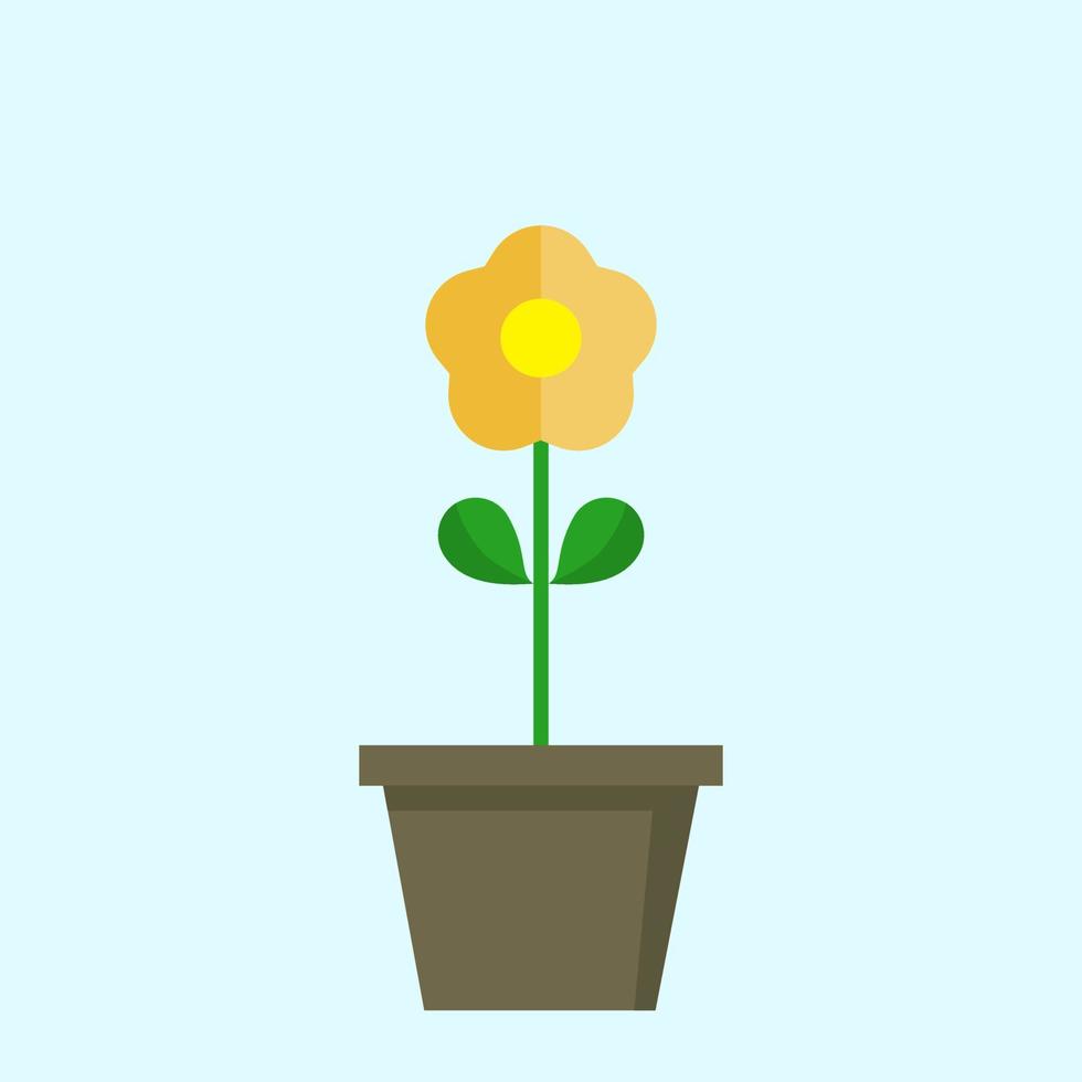 Orange flower with pot set on blue background, flat style design, vector illustration.