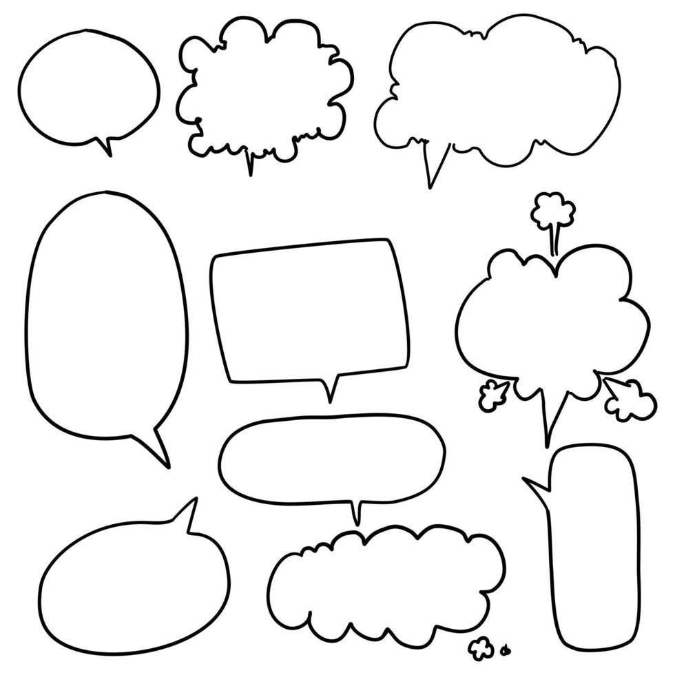 Set of white speech bubbles, empty bubbles with black borders, speaking and talk, communication and dialogue, vector illustrations.