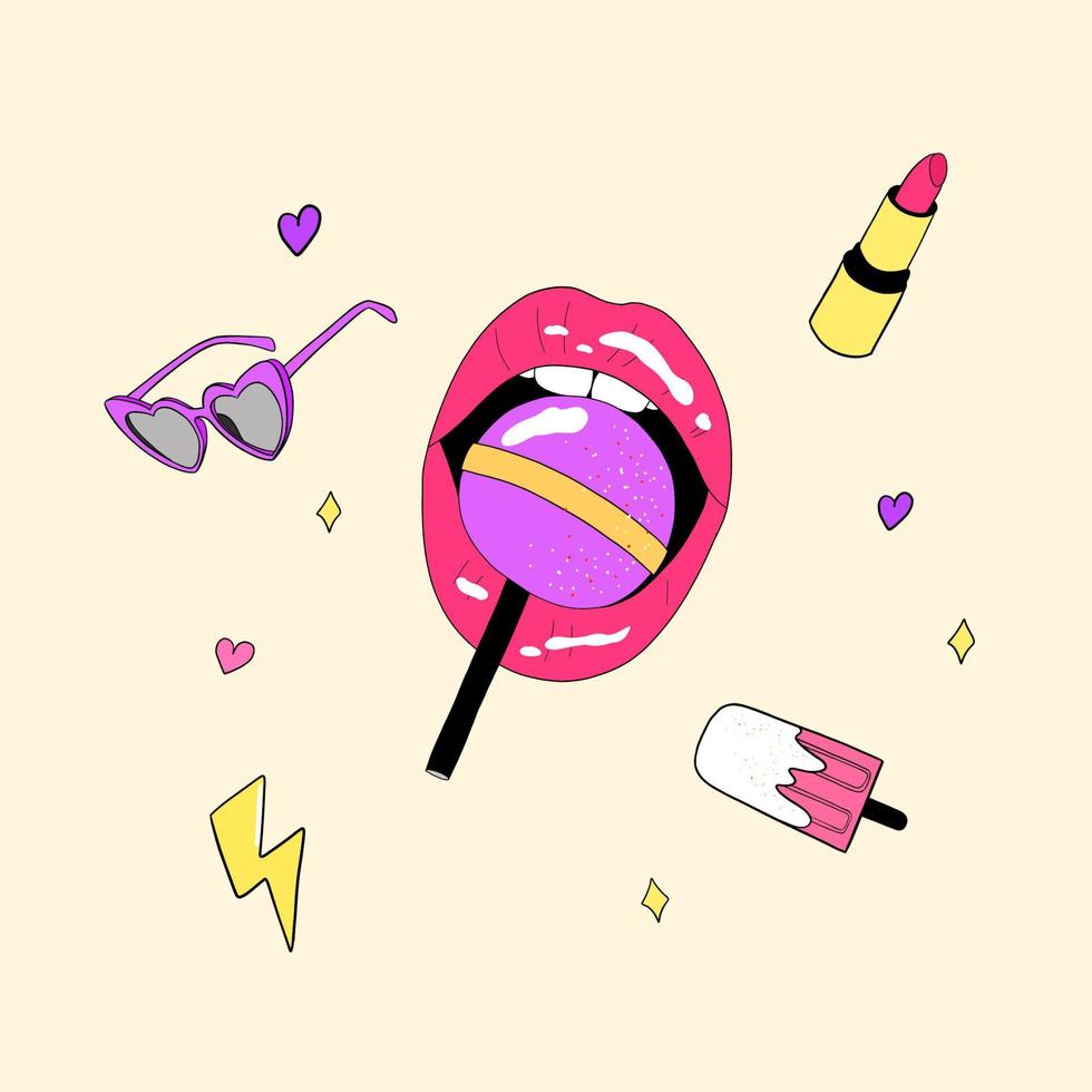 Pink lips and lollipop. Beautiful retro poster with different 90s elements. Fashion pop art patch stickers. Isolated vector illustration