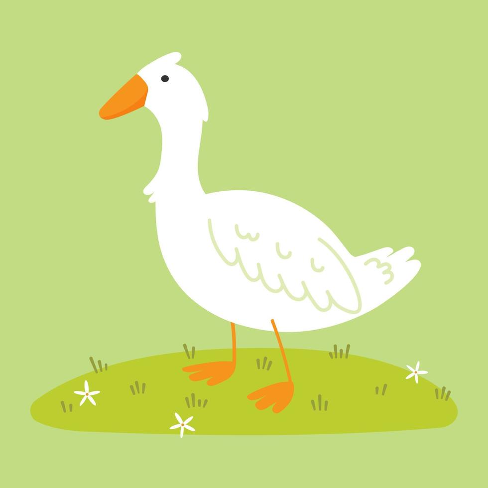 White goose close-up on a green background. Funny illustration in flat style. Isolated vector image