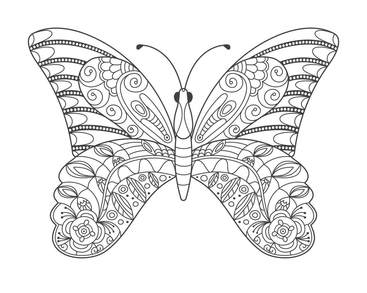 Beautiful butterfly in doodle style. The hand drawn illustration can be used for children's or adult coloring books and for tattoos. Isolated image in zentangle style, on a white background. vector