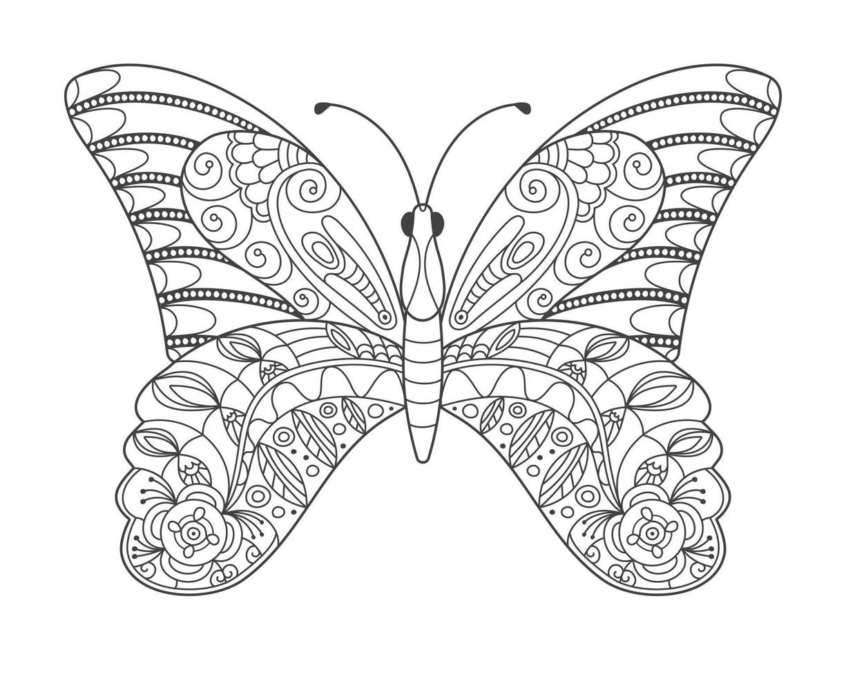 hermosa mariposa en estilo garabato. la ilustración dibujada a mano se puede utilizar para libros de colorear para niños o adultos y para tatuajes. imagen aislada en estilo zentangle, sobre un fondo blanco. vector