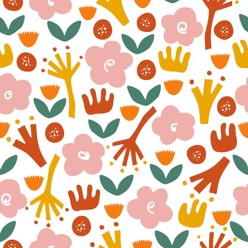 Abstract playful groovy style cut out flowers on seamless pattern. Trendy whimsical kid floral stationery header. Repeatable vector stripe.