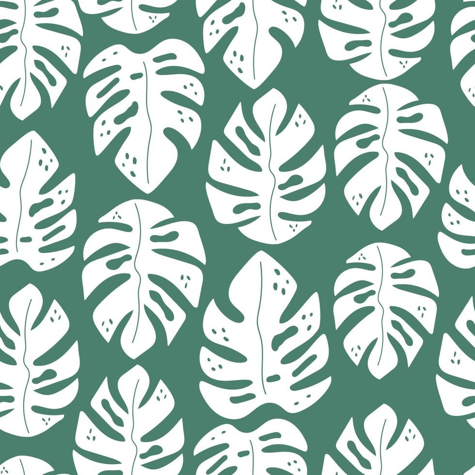 Modern minimal seamless pattern with white palm leaf on green background. Tropical summer vector illustration