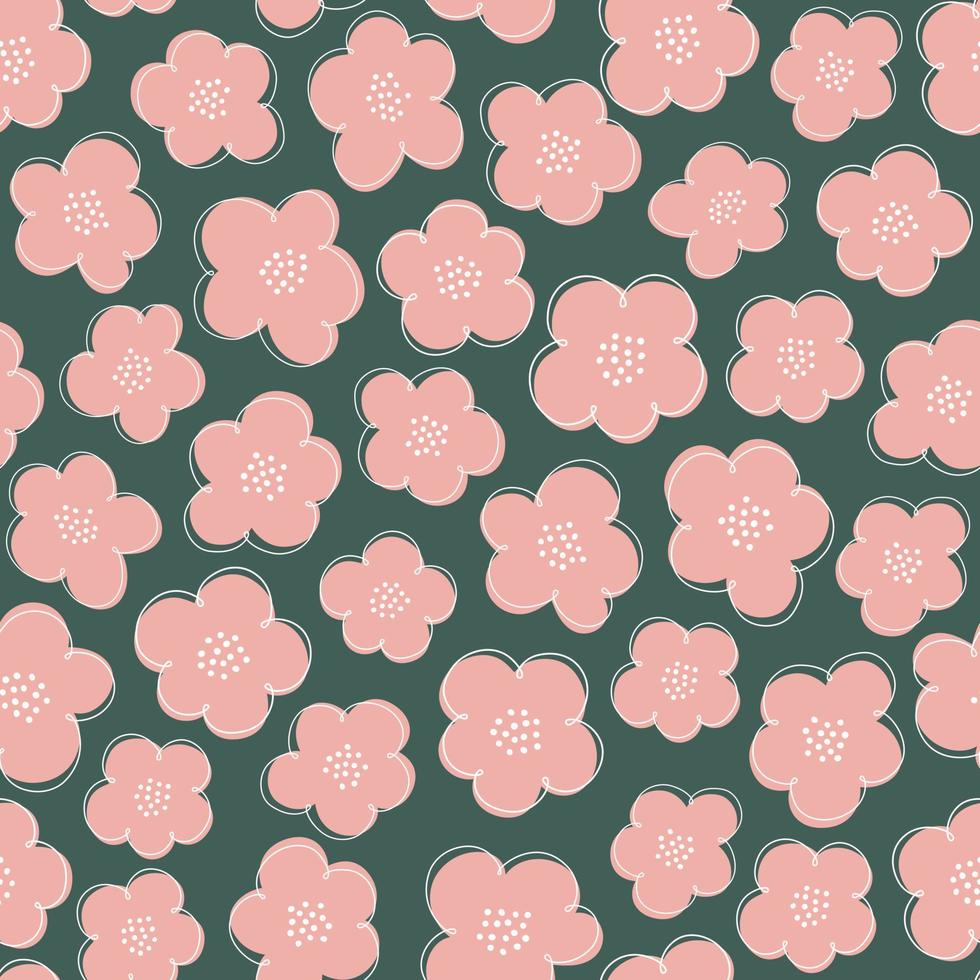 Modern seamless pattern with vintage vector groovy flowers. Playful pink flowers silhouettes on a green background. Surface design, textile, stationery, wrapping paper and covers