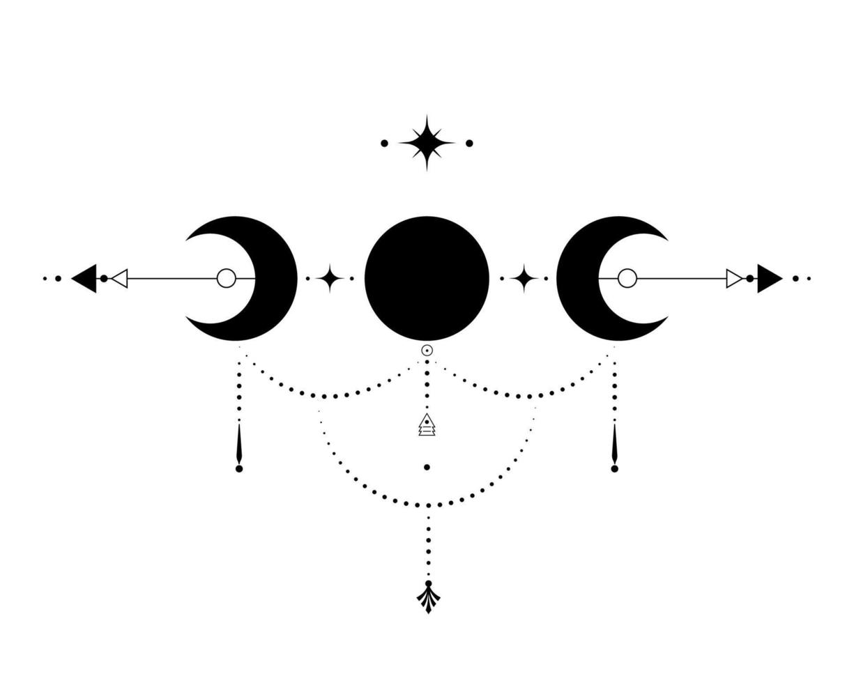 luna triple, geometría sagrada, flechas místicas y luna creciente, líneas punteadas en estilo boho, icono wiccan, signo mágico místico esotérico de alquimia. vector de ocultismo espiritual aislado sobre fondo blanco