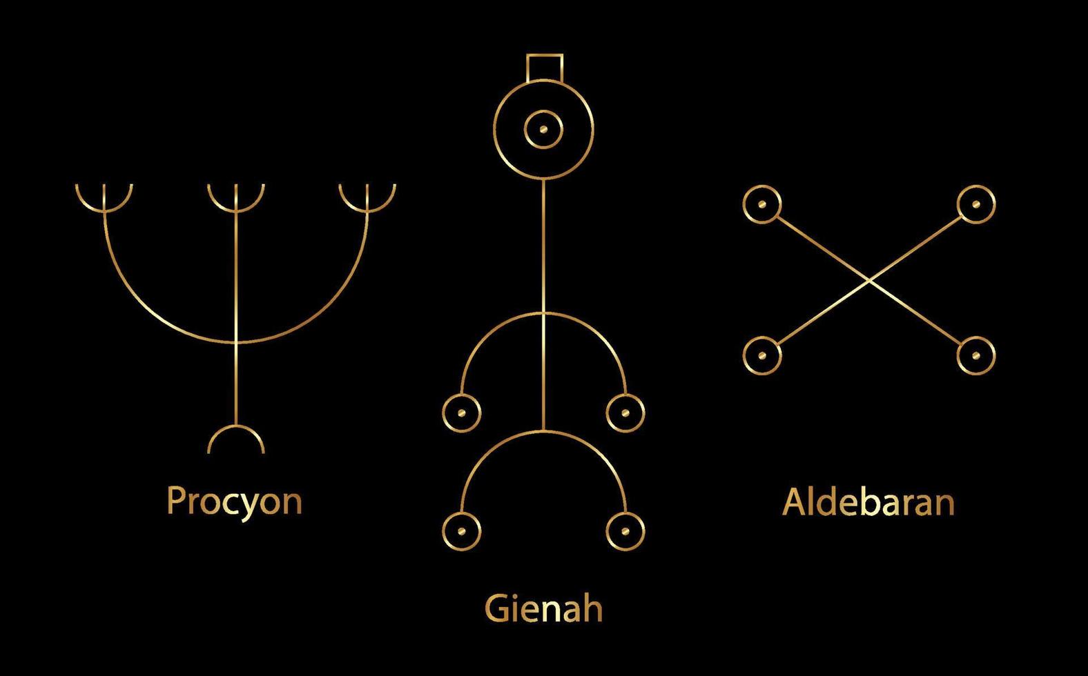 Astrology Stars, PROCYON or Canis Minor, GIENAH or Corvus, ALDEBARAN or Oculus Tauri. Set Hieroglyphic sign, hermetic kabbalistic magic symbols. Gold Line art Vector isolated on black background