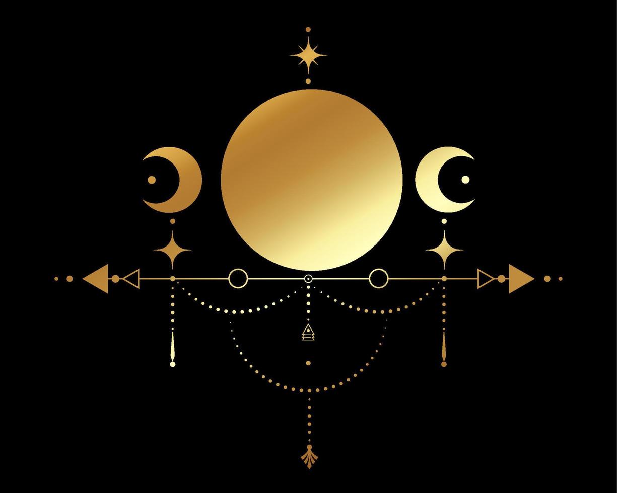 Triple Moon, Sacred Geometry, mystical arrows and crescent moon, dotted lines in boho style, wiccan icon, alchemy esoteric mystical gold sign. Spiritual occultism vector isolated on black background