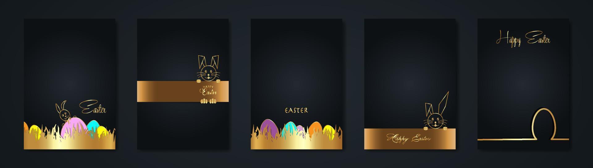 Set Happy Easter black cards, paper cut style, gold Rabbit and colorful Eggs, golden green grass, fashion design, outline drawing Easter Bunny greeting card, vector illustration background