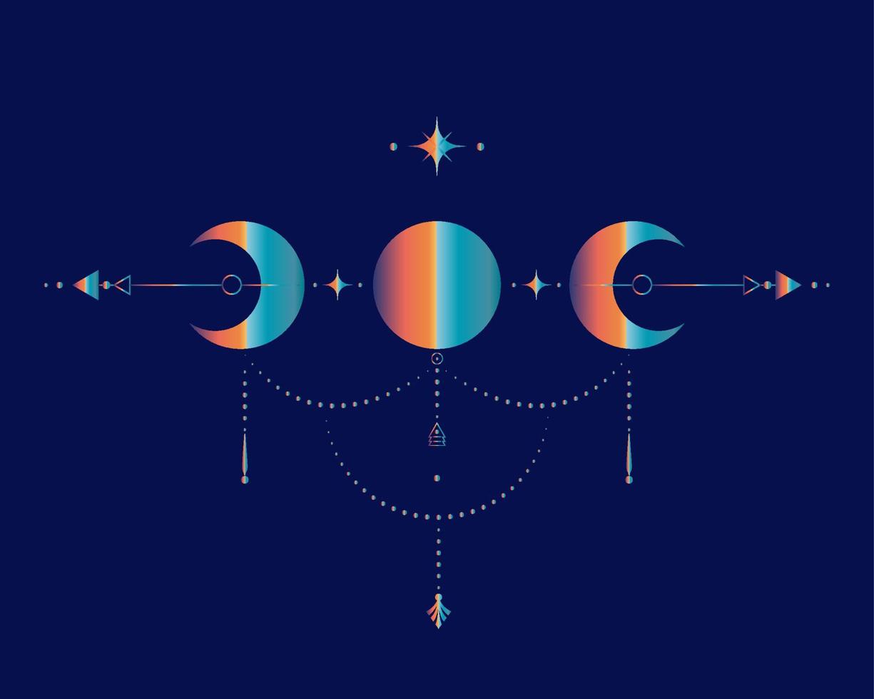 Triple Moon, Sacred Geometry, mystical arrows and crescent moon, dotted lines in boho style, wiccan icon, alchemy esoteric mystical magic sign. Spiritual occultism vector isolated on blue background