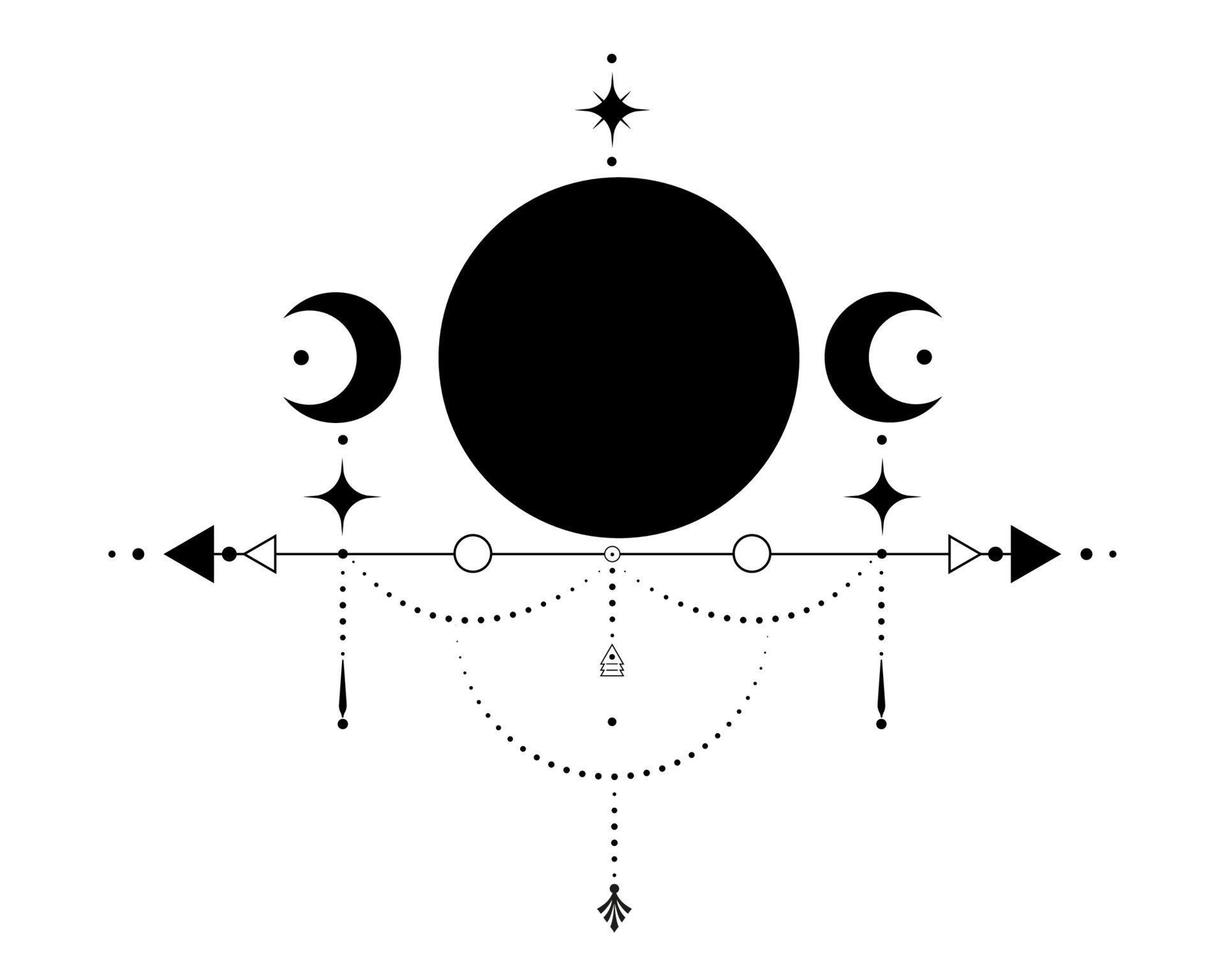 Triple Moon, Sacred Geometry, mystical arrows and crescent moon, dotted lines in boho style, wiccan icon, alchemy esoteric mystical magic sign. Spiritual occultism vector isolated on white background