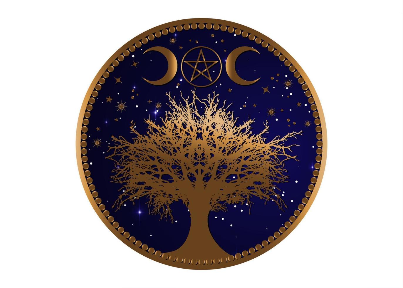 tree of life Wicca sign mandala, Gold Mystical Moon Pentacle, Sacred geometry, Golden Crescent moon, half moon pagan Wiccan triple goddess symbol, vector isolated on blue starry night sky background