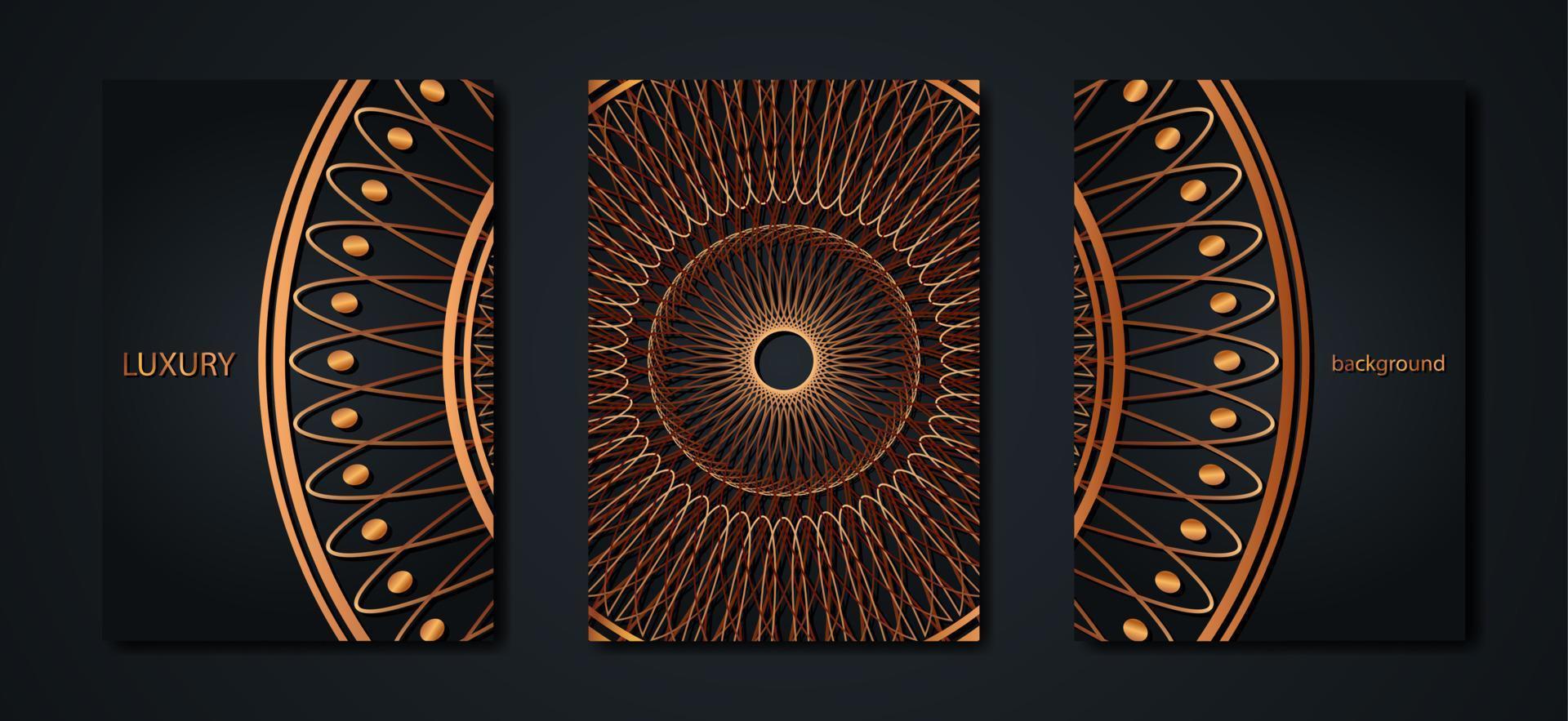 Set Black Card Decorative round gold frame Mandala for design with floral ornament. Circle border template for printing postcards, invitations, books, engraving, wooden furniture, forging. Vector