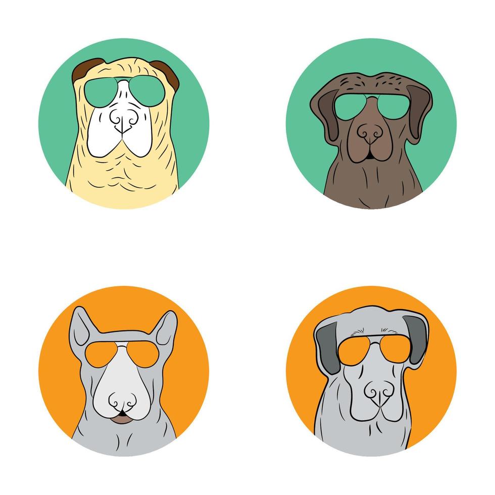 set of cool dogs. Portrait of cool dogs with glasses. Vector illustration.