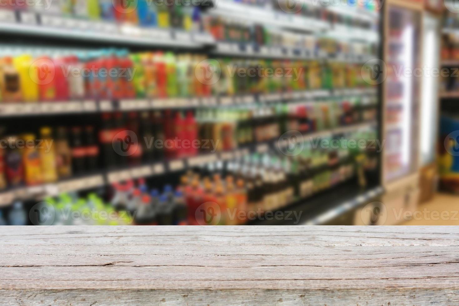 Empty table over blur supermarket with bokeh background, Product shelf photo