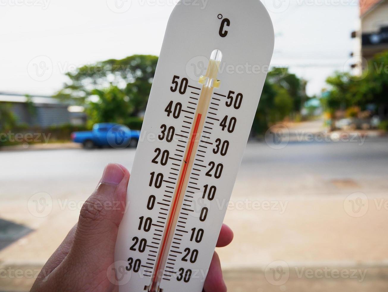 hand hold thermometer showing temperature in degrees Celsius photo