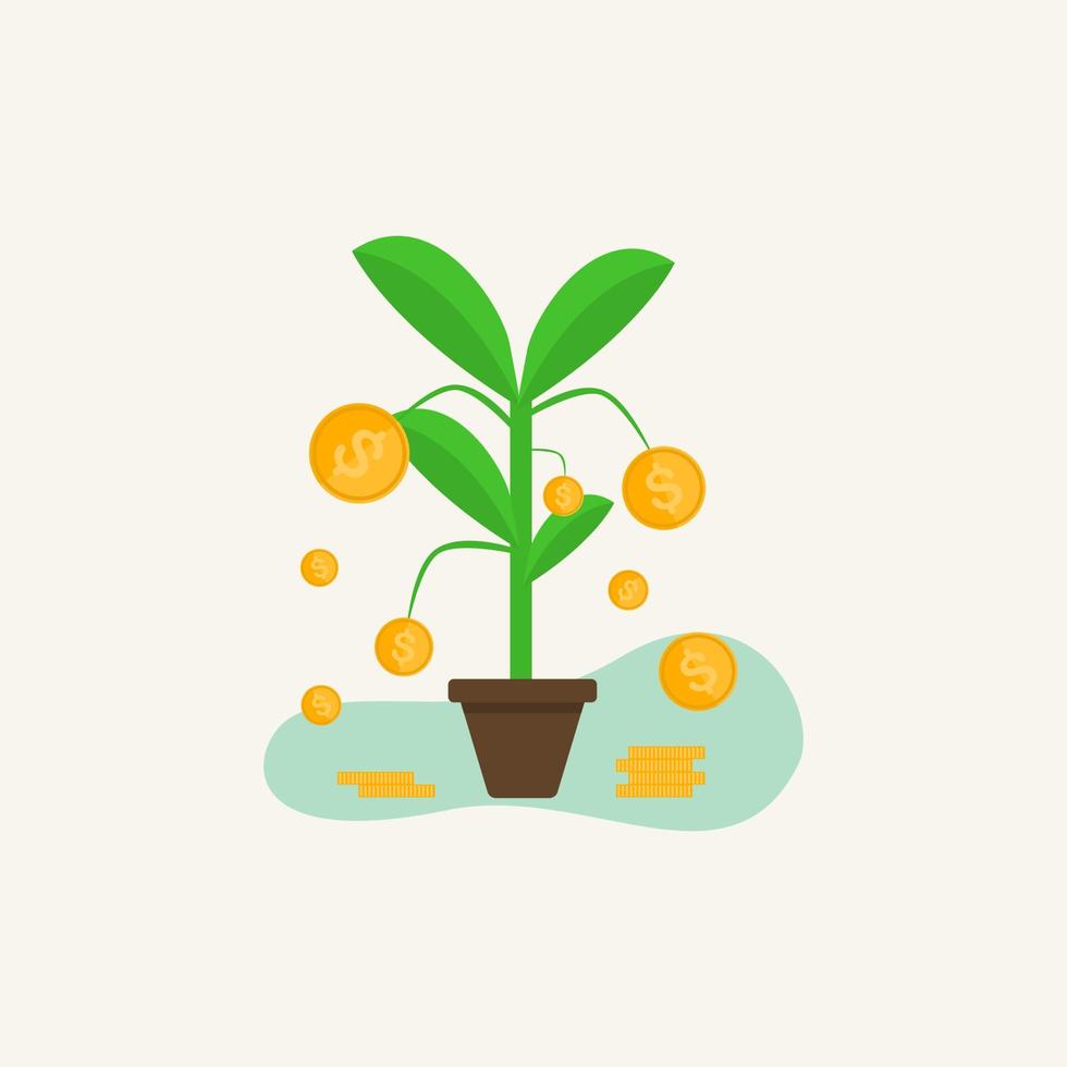 las plantas en maceta se convierten en monedas, estilo de diseño plano, concepto de crecimiento del dinero a partir de los ahorros. vector