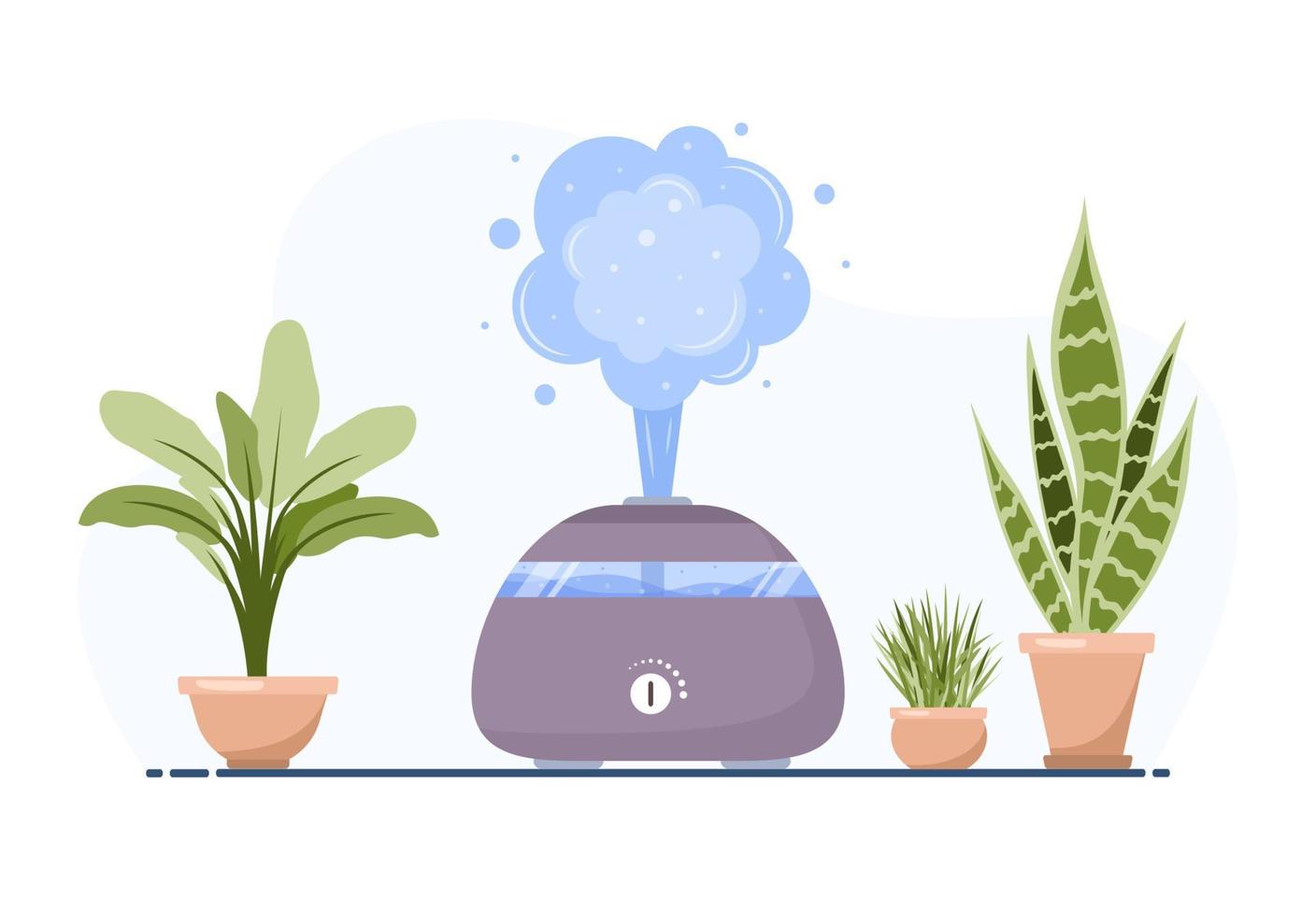 humidificador con plantas de interior. equipos para el hogar o la oficina. purificador de aire ultrasónico en el interior. Dispositivo de limpieza y humidificación. ilustración vectorial moderna en estilo de caricatura plana. vector