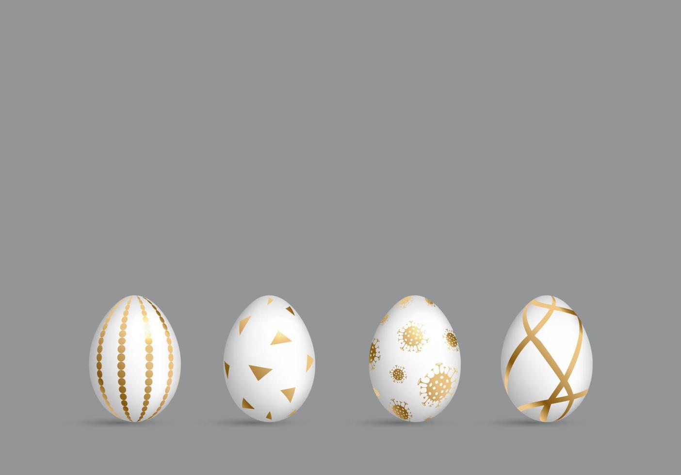 Easter white eggs set. Luxury eggs with different gold ornament. Spring holiday. Realistic vector illustration. For greeting card, promotion, poster, flyer, web banner, social media