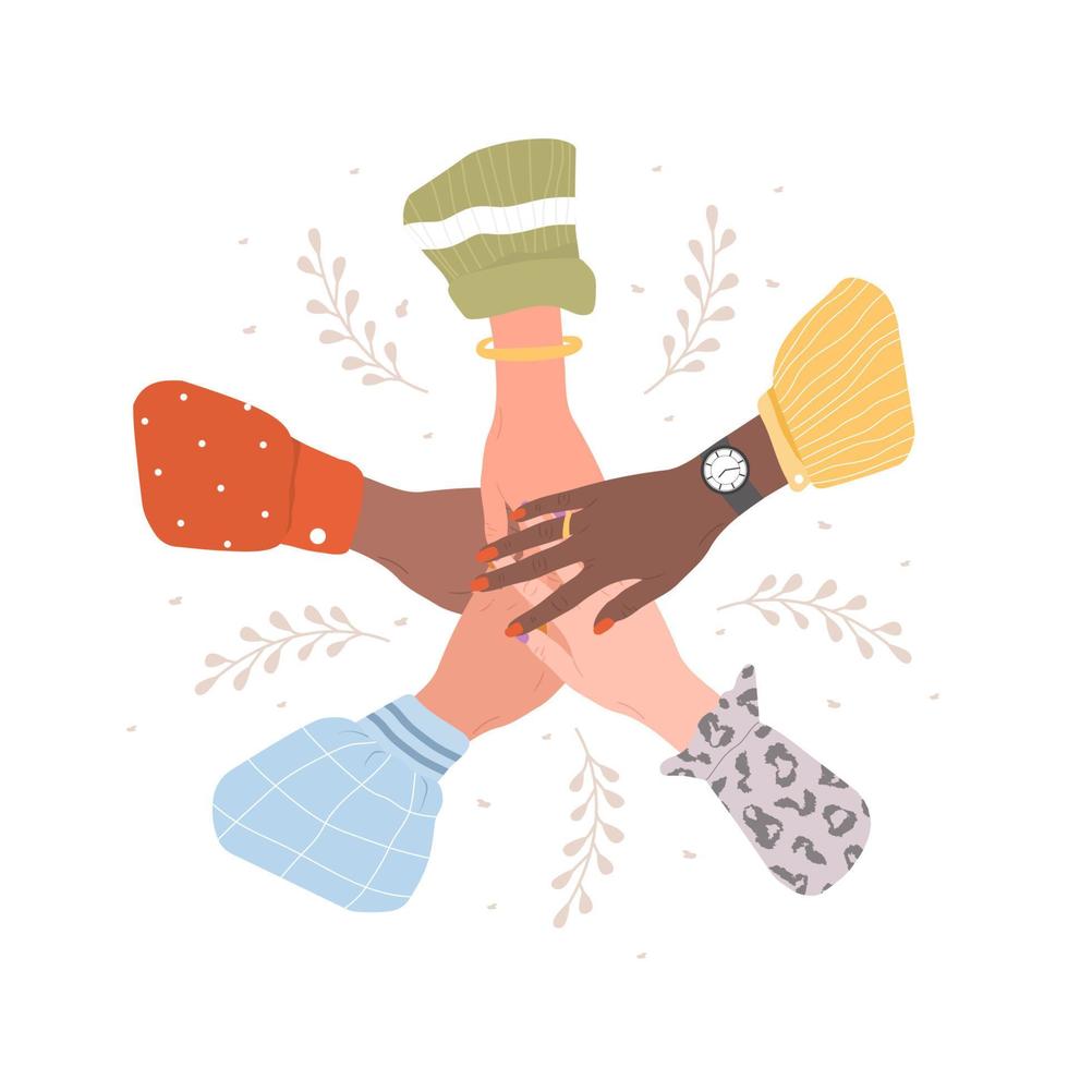 Stack of female hands. Unity and teamwork concept. Arms of successful business women. Partnership community. Vector illustration in flat cartoon style