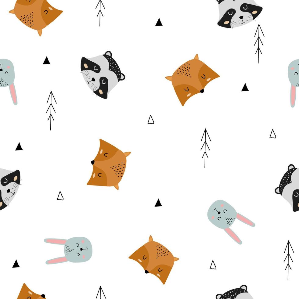 Seamless pattern of cute hand drawn sleeping animals. Cartoon zoo. Vector illustration. Animal for design of children's products in scandinavian style.