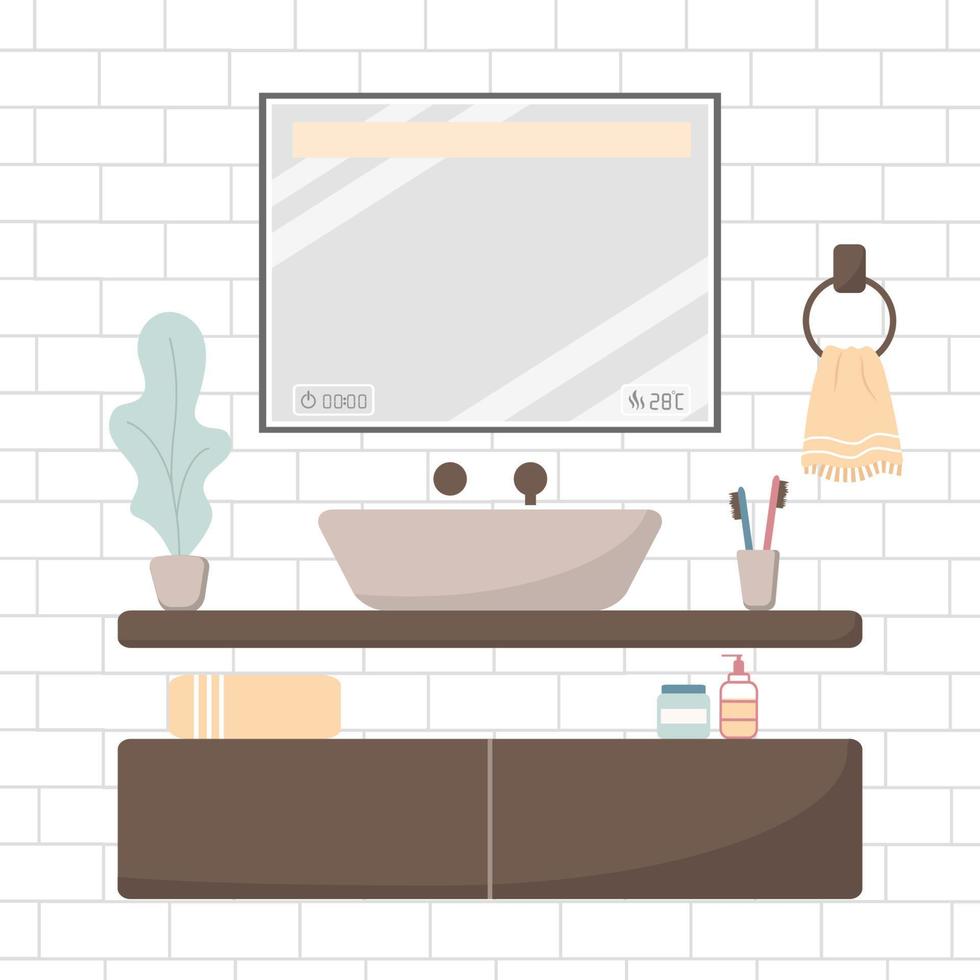 Modern interior. Cozy white bathroom with square mirror and vessel bowl on a wooden shelf. vector