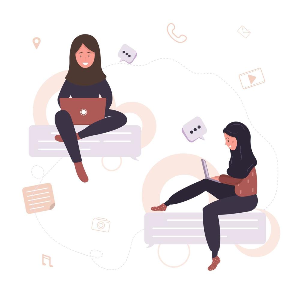 Communication concept. Arab woman sitting on chat bubbles. Girls taking part in business online meetings, negotiation, talking to each other. Modern vector illustration in cartoon style.